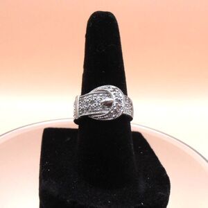 925 Sterling Silver Plated Buckle Ring with Pave Rhinestone Accents Sz. 6